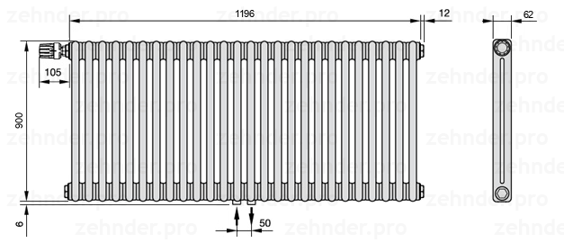 Схема (чертеж) Радиатор Zehnder Charleston 2090/26 №V007 Белый глянцевый RAL 9016